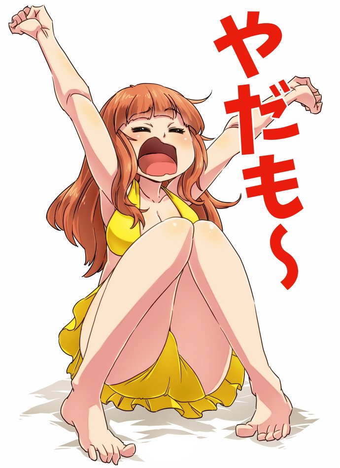 1girl aono3 arms_up bangs bikini bikini_skirt blunt_bangs breasts cleavage clenched_hands commentary_request eyebrows_visible_through_hair facing_viewer full_body girls_und_panzer long_hair medium_breasts open_mouth orange_hair shouting simple_background sitting solo swimsuit takebe_saori translated white_background yellow_bikini