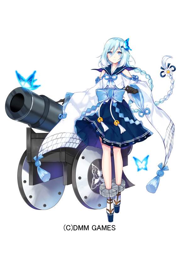 1girl black_gloves blue_eyes blue_hair braid bug butterfly cannon eyebrows_visible_through_hair full_body gloves hair_ornament insect long_hair long_skirt looking_at_viewer oshiro_project_re pleated_skirt ririkuto skirt solo standing twin_braids twintails white_background wide_sleeves