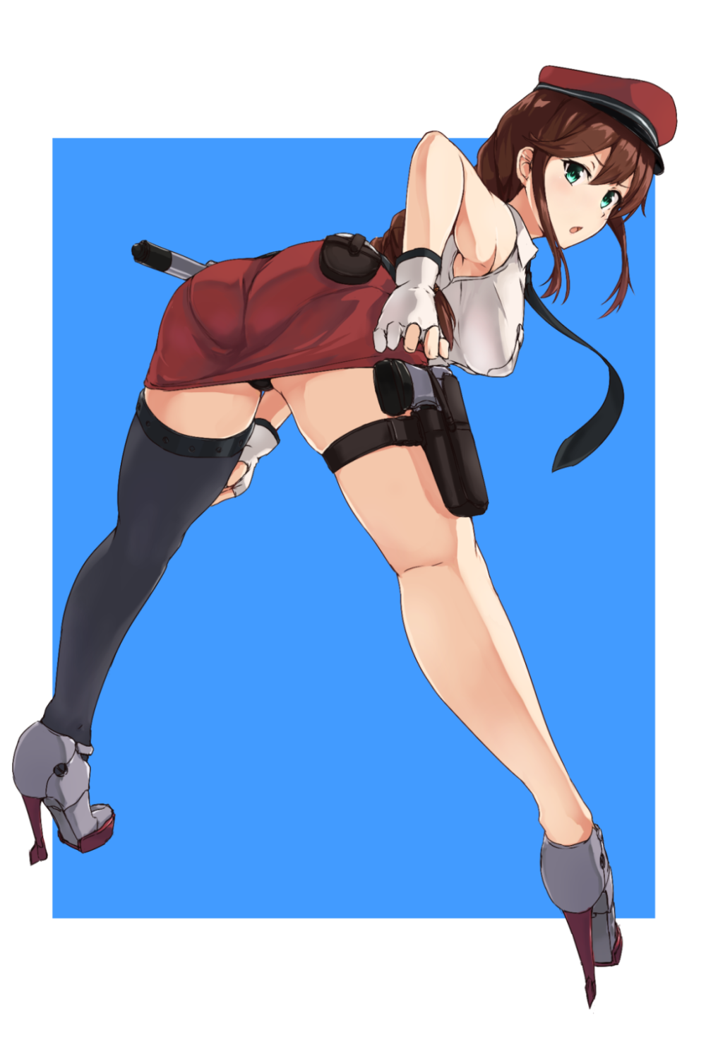 1girl asymmetrical_legwear bangs belt braid brown_hair gloves green_eyes gun handgun highres holster holstered_weapon kantai_collection looking_at_viewer necktie noshiro_(kantai_collection) panties pistol rudder_shoes solo swept_bangs thigh-highs tsukira_(amayadori) twin_braids underwear weapon white_gloves