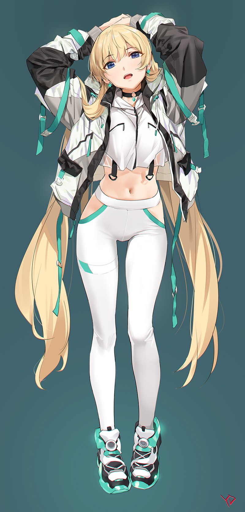 1girl angela_balzac arms_up blue_eyes blush commentary_request deva_battle_suit earrings green_background headgear highres jewelry long_hair looking_at_viewer midriff navel open_mouth rakuen_tsuihou simple_background standing twintails very_long_hair yang-do