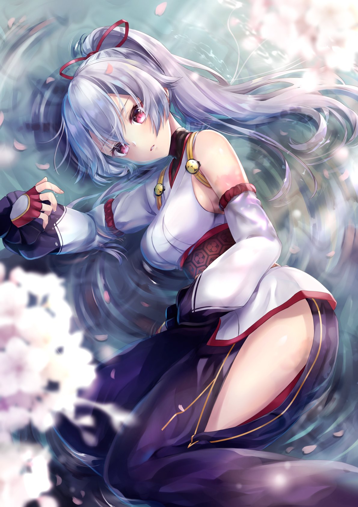 1girl bangs bare_shoulders blurry blurry_foreground blush character_request cherry_blossoms commentary_request depth_of_field detached_sleeves fate/grand_order fate_(series) fingerless_gloves gloves hair_ribbon hane_yuki highres long_hair lying obi on_side open_pants pants parted_lips ponytail purple_pants red_eyes red_ribbon ribbon sash side_cutout solo water