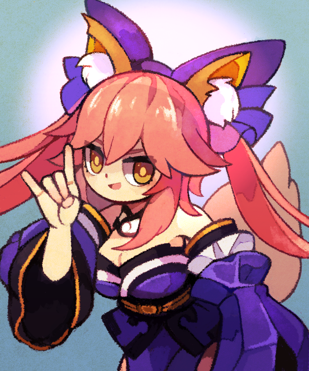 1girl :d \m/ animal_ears bangs bare_shoulders bow breasts cleavage detached_collar detached_sleeves eyes_visible_through_hair fate/extra fate_(series) fox_ears fox_girl fox_tail gradient gradient_background hair_between_eyes hair_bow hand_up highres japanese_clothes large_breasts long_hair long_sleeves obi open_mouth orange_eyes orange_pupils pelvic_curtain pink_hair purple_bow sash smile solo strapless tail tamamo_(fate)_(all) tamamo_no_mae_(fate) tongue twintails upper_body v-shaped_eyebrows wide_sleeves yukino_super