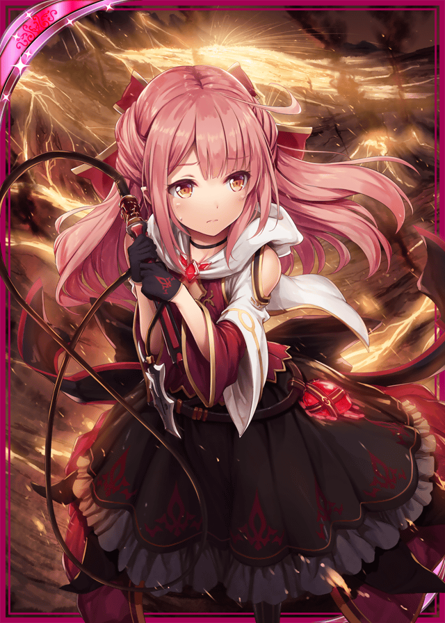 1girl akkijin bare_shoulders black_dress black_gloves dress gloves holding holding_weapon lightning official_art pink_hair print_dress print_gloves shinkai_no_valkyrie shy solo weapon whip yellow_eyes