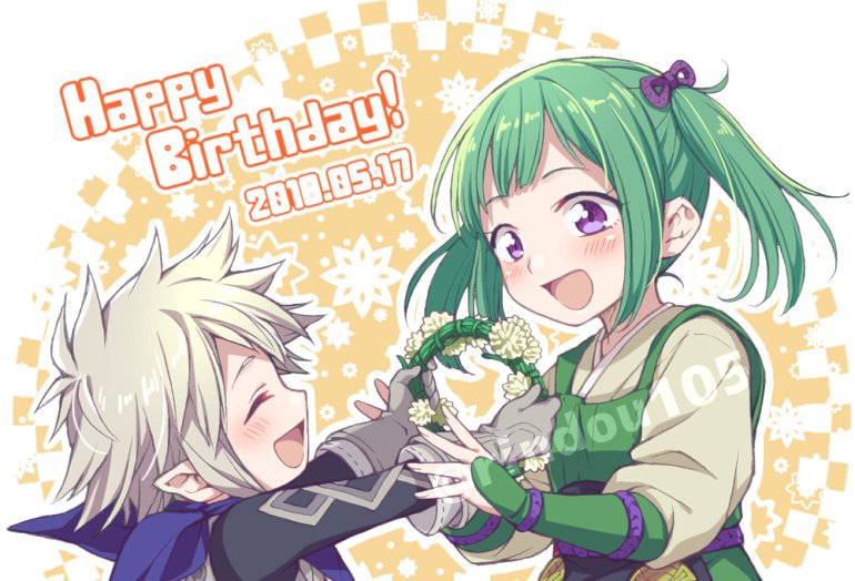 1boy 1girl bow closed_eyes fire_emblem fire_emblem_if flower gloves green_hair hair_bow head_wreath hiyori_(rindou66) kanna_(fire_emblem_if) midoriko_(fire_emblem_if) pointy_ears scarf smile translation_request twintails white_hair