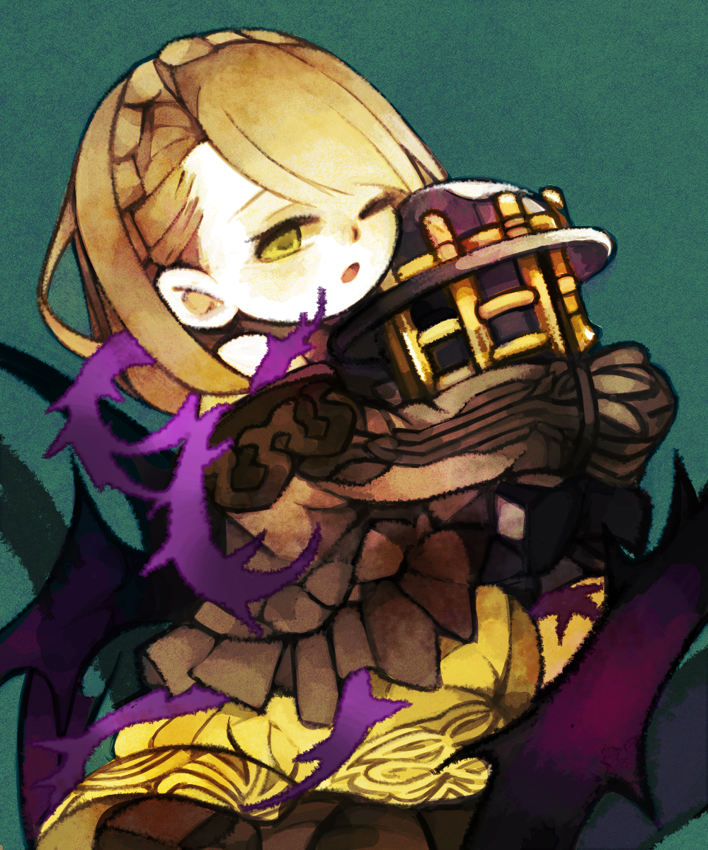 1girl ;o aqua_background bangs bare_shoulders braid briar_rose_(sinoalice) brown_shirt crown_braid empty_eyes eyebrows eyelashes highres holding light_brown_hair long_hair long_sleeves off-shoulder_shirt one_eye_closed open_mouth plant shirt single_braid sinoalice skirt solo thorns tongue vines yellow_eyes yellow_skirt yukino_super