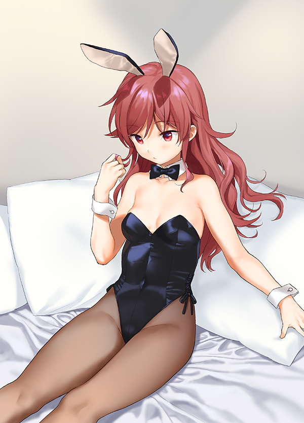 1girl animal_ears bare_arms bare_shoulders bed_sheet black_leotard black_neckwear bow bowtie breasts breasts_apart brown_legwear bunnysuit chigusa_asuha closed_mouth collarbone covered_navel detached_collar hair_twirling hand_up leotard long_hair looking_down pantyhose pillow qualidea_code rabbit_ears reclining red_eyes redhead sekiya_asami sidelocks small_breasts solo wrist_cuffs