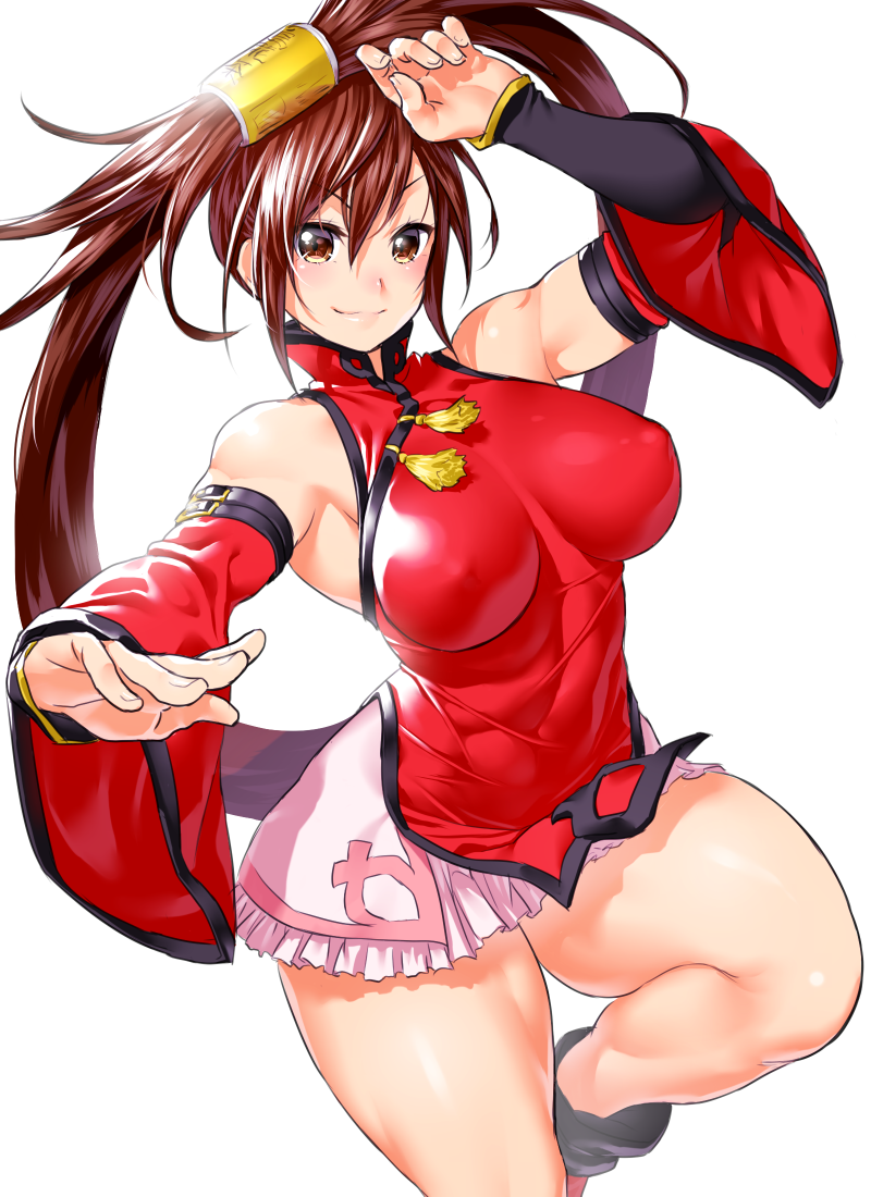 1girl bangs bare_shoulders blush breasts brown_eyes brown_hair china_dress chinese_clothes closed_mouth covered_nipples dress fighting_stance fingernails frills guilty_gear hair_ornament hair_ring hair_tubes hands_up kuradoberi_jam large_breasts long_hair looking_at_viewer miniskirt one_leg_raised onsoku_maru shiny shiny_hair shiny_skin sidelocks simple_background skirt sleeveless smile solo thighs twintails very_long_hair wide_sleeves