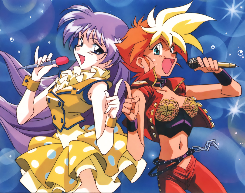 2girls 90s back-to-back belt blonde_hair blue_eyes bustier chains chair collar cowboy_shot cropped_jacket dirty_pair dirty_pair_flash dress earrings green_eyes holding holding_microphone index_finger_raised jacket jewelry kei_(dirty_pair) kimura_takahiro long_hair microphone multicolored_hair multiple_girls navel official_art open_clothes open_jacket open_mouth orange_hair polka_dot polka_dot_dress purple_hair red_jacket short_hair sleeveless_jacket two-tone_hair wrist_cuffs wristband yellow_dress yuri_(dirty_pair)