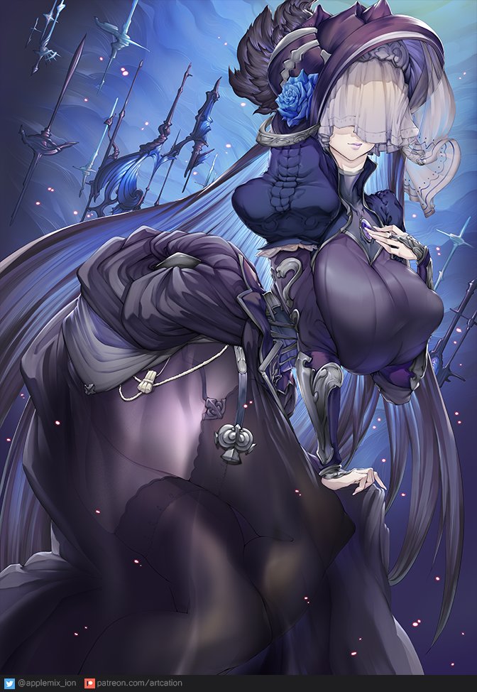 1girl breasts celeste_(granblue_fantasy) covered_nipples dress granblue_fantasy ion_(cation) large_breasts long_hair pale_skin puffy_sleeves purple_dress purple_hair solo thigh-highs veil