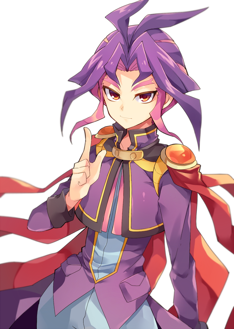 1boy antenna_hair cape grey_pants jacket long_sleeves looking_at_viewer pants purple_hair purple_jacket red_cape rento_(rukeai) smile solo violet_eyes yu-gi-oh! yuu-gi-ou_arc-v yuuri_(yuu-gi-ou_arc-v)