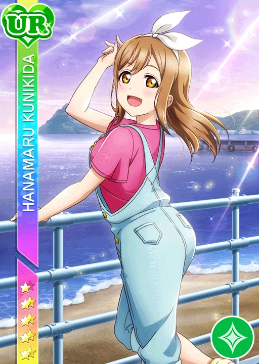 blush brown_eyes brown_hair kunikida_hanamaru long_hair love_live!_school_idol_festival love_live!_sunshine!! ocean official_art purple_sky sky smile sunlight white_headband