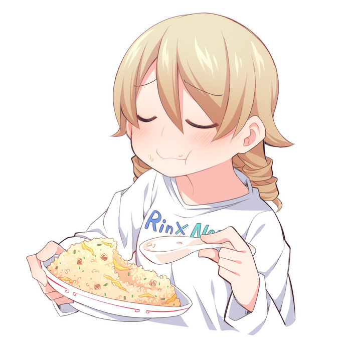 1girl :t bangs blush closed_eyes closed_mouth clothes_writing eating eyebrows_visible_through_hair facing_viewer food food_on_face hair_between_eyes holding holding_plate holding_spoon idolmaster idolmaster_cinderella_girls light_brown_hair long_hair long_sleeves morikubo_nono plate rice rice_spoon ringlets shirt simple_background solo spoon ushi wavy_mouth white_background white_shirt