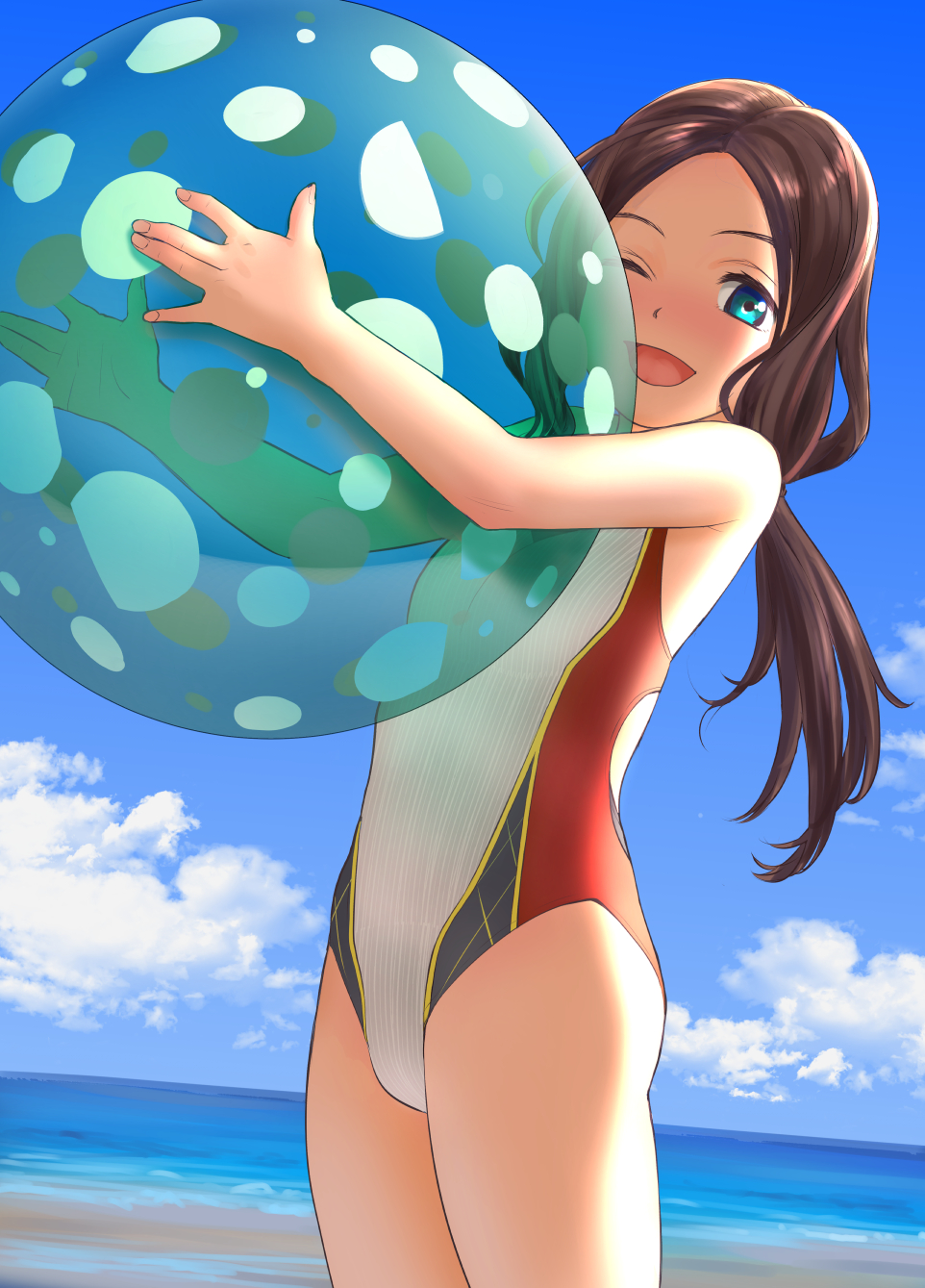 1girl ;d ball bangs bare_arms bare_shoulders beach beachball blue_eyes blue_sky blush brown_hair clouds commentary_request competition_swimsuit day fate/grand_order fate_(series) flat_chest highres holding holding_ball leonardo_da_vinci_(fate/grand_order) long_hair looking_at_viewer mu-pyon ocean one-piece_swimsuit one_eye_closed open_mouth outdoors parted_bangs ponytail sand sidelocks sky smile solo standing swimsuit water