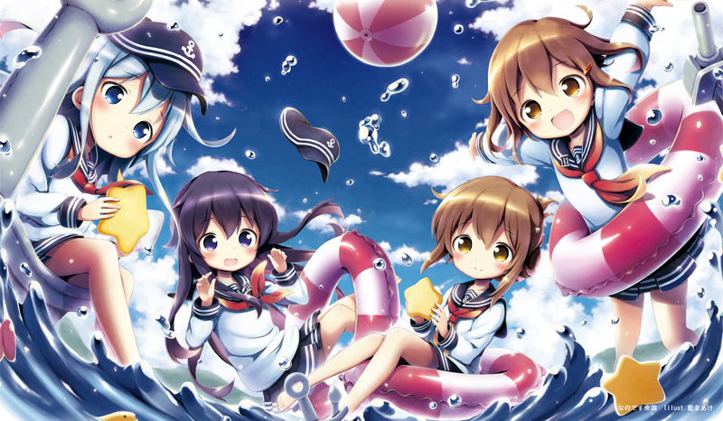 4girls :d :o aikei_ake akatsuki_(kantai_collection) anchor anchor_symbol ball beachball black_hat black_sailor_collar black_skirt blue_eyes blue_hair blue_sky blush brown_eyes brown_hair closed_mouth clouds commentary_request day flat_cap folded_ponytail hair_ornament hairclip hat hat_removed headwear_removed hibiki_(kantai_collection) holding holding_star ikazuchi_(kantai_collection) inazuma_(kantai_collection) innertube kantai_collection long_hair long_sleeves multiple_girls neckerchief open_mouth outdoors outstretched_arms parted_lips pleated_skirt purple_hair red_neckwear sailor_collar school_uniform serafuku shirt sitting skirt sky smile standing star very_long_hair violet_eyes water white_shirt