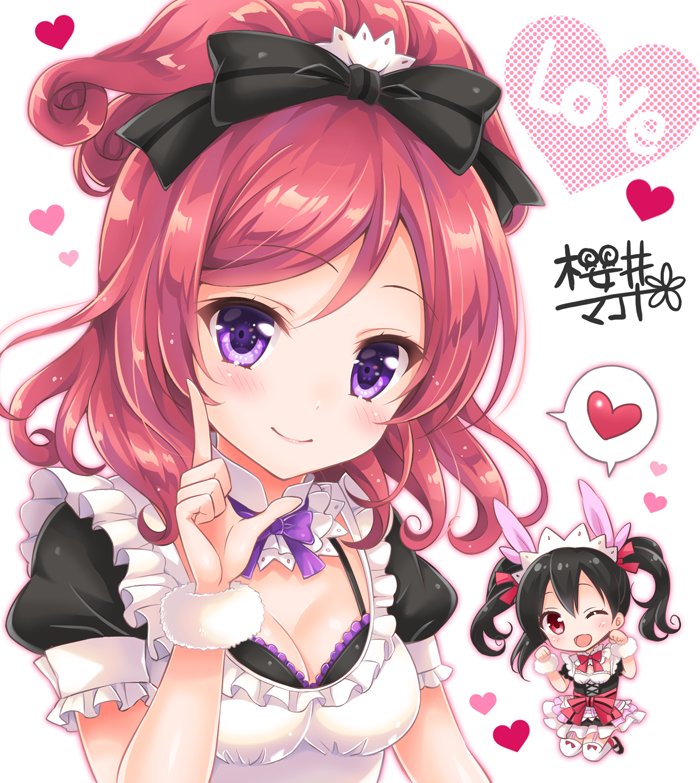 2girls ;d artist_name bangs black_bow black_hair bow bowtie breasts cleavage commentary_request detached_collar frilled_sleeves frills hair_bow half_updo heart index_finger_raised jumping looking_at_viewer love_live! love_live!_school_idol_project maid maid_headdress medium_hair mogyutto_"love"_de_sekkin_chuu! multiple_girls nishikino_maki one_eye_closed open_mouth paw_pose purple_neckwear red_eyes red_neckwear redhead sakurai_makoto_(custom_size) short_sleeves signature smile spoken_heart twintails violet_eyes wristband yazawa_nico