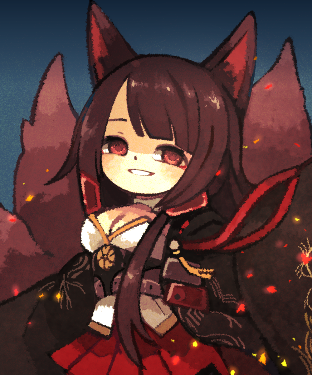 1girl akagi_(azur_lane) animal_ears azur_lane bangs black_hair black_skirt blue_background blunt_bangs breasts chrysanthemum cleavage embers empty_eyes facing_away flower fox_ears fox_girl fox_tail gradient gradient_background grin hair_tubes hakama hakama_skirt highres japanese_clothes kikumon long_hair long_sleeves looking_at_viewer medium_breasts miniskirt multiple_tails open_clothes red_eyes red_hakama red_skirt skirt smile solo straight_hair swept_bangs tail yukino_super