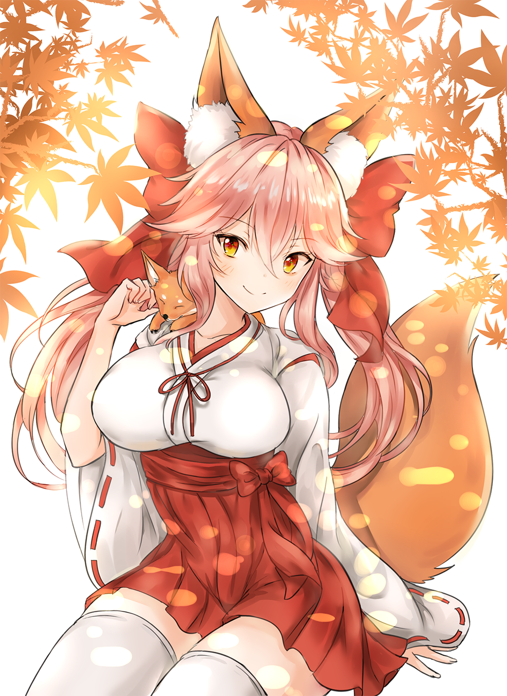 1girl animal animal_ears autumn_leaves blush breasts fate/extra fate/grand_order fate_(series) fox fox_ears fox_tail hair_ribbon hakama highres japanese_clothes large_breasts leaf light_smile long_hair long_sleeves looking_at_viewer melynx_(user_aot2846) miko pink_hair red_hakama ribbon ribbon-trimmed_sleeves ribbon_trim simple_background sitting solo tail tamamo_(fate)_(all) tamamo_no_mae_(fate) white_background white_legwear wide_sleeves yellow_eyes