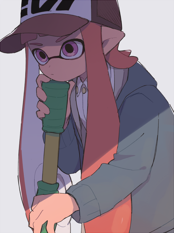 1girl bangs baseball_cap blunt_bangs closed_mouth collared_shirt domino_mask gomi_(kaiwaresan44) grey_background grey_coat hat holding inkling inkling_(language) light_frown long_hair long_sleeves looking_to_the_side mask pointy_ears red_hat redhead shade shirt simple_background solo splat_roller_(splatoon) splatoon splatoon_1 tentacle_hair upper_body violet_eyes white_shirt