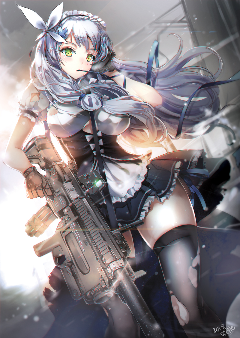 1girl alternate_costume apron assault_rifle bangs black_gloves black_legwear blunt_bangs blush breasts closed_mouth cowboy_shot dated deeple dress enmaided eyebrows_visible_through_hair facepaint fingerless_gloves floating_hair frills girls_frontline gloves green_eyes gun hair_ornament hand_to_own_face heckler_&amp;_koch hk416 hk416_(girls_frontline) holding holding_gun holding_weapon light_particles long_hair looking_at_viewer maid maid_headdress medium_breasts mouth_hold outdoors puffy_short_sleeves puffy_sleeves rifle short_sleeves signature silver_hair skindentation skirt solo sparkle teardrop thigh-highs torn_clothes underboob_cutout weapon wind wind_lift