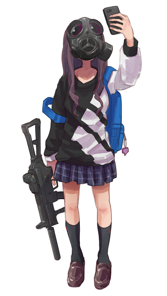 1girl backpack bag black_legwear brown_footwear brown_hair full_body gas_mask gun holding holding_gun holding_weapon kneehighs loafers long_hair military original plaid plaid_skirt shoes skirt solo tabao taking_picture twitch.tv weapon weapon_request