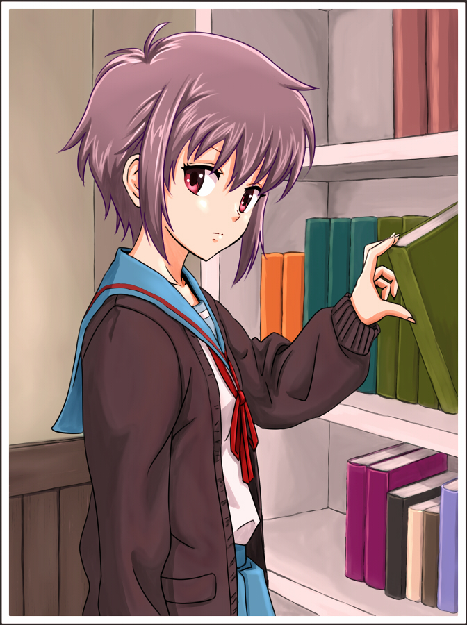 1girl anbj bangs blue_skirt book bookshelf cardigan collarbone commentary_request expressionless kita_high_school_uniform looking_at_viewer nagato_yuki purple_hair red_neckwear school_uniform serafuku short_hair skirt solo standing suzumiya_haruhi_no_yuuutsu violet_eyes