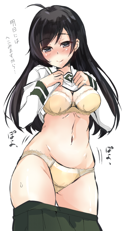 1girl abenattou ahoge bangs black_eyes black_hair black_neckwear blouse blush bra breasts closed_mouth commentary_request cowboy_shot crotch_seam embarrassed eyebrows_visible_through_hair frown girls_und_panzer green_skirt head_tilt isuzu_hana lace lace-trimmed_bra lace-trimmed_panties lifted_by_self long_hair long_sleeves looking_at_viewer medium_breasts miniskirt motion_lines navel neckerchief ooarai_school_uniform panties pleated_skirt school_uniform serafuku shirt_lift skirt skirt_pull solo standing sweat translation_request underwear white_background white_blouse yellow_bra yellow_panties