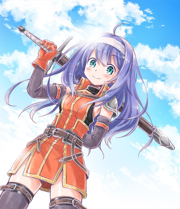 1girl ahoge aqua_eyes arm_behind_back blue_sky detached_sleeves fire_emblem fire_emblem:_souen_no_kiseki gloves headband mizuna_tomomi over_shoulder purple_hair sheath sheathed sky smile sword thigh-highs wayu_(fire_emblem) weapon weapon_over_shoulder zettai_ryouiki