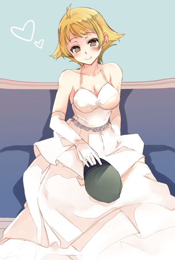 1girl abenattou bangs blonde_hair breasts brown_eyes cleavage closed_mouth collarbone commentary_request couch dress elbow_gloves erwin_(girls_und_panzer) eyebrows_visible_through_hair girls_und_panzer gloves green_hat hat hat_removed head_tilt headwear_removed heart holding long_dress looking_at_viewer medium_breasts pointy_hair short_hair sitting smile solo wedding_dress white_dress white_gloves