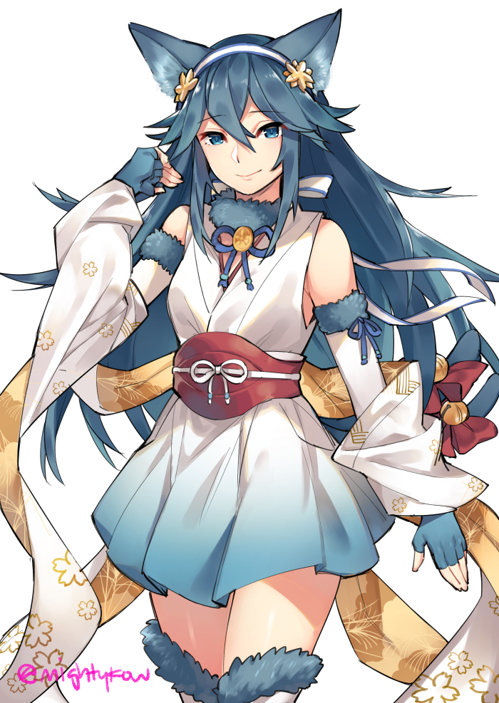 1girl animal_ears bangs bell blue_eyes blue_hair bow cat_ears cat_tail closed_mouth cosplay detached_sleeves eyebrows_visible_through_hair fingerless_gloves fire_emblem fire_emblem:_kakusei fire_emblem_heroes fire_emblem_if fur_collar fur_trim gebyy-terar gloves hair_between_eyes hairband japanese_clothes jewelry jingle_bell kimono long_hair looking_at_viewer lucina multiple_tails nekomata obi sakura_(fire_emblem_if) sakura_(fire_emblem_if)_(cosplay) sash short_kimono simple_background single_earring smile solo tail tail_bell tail_bow thigh-highs tiara two_tails white_background zettai_ryouiki