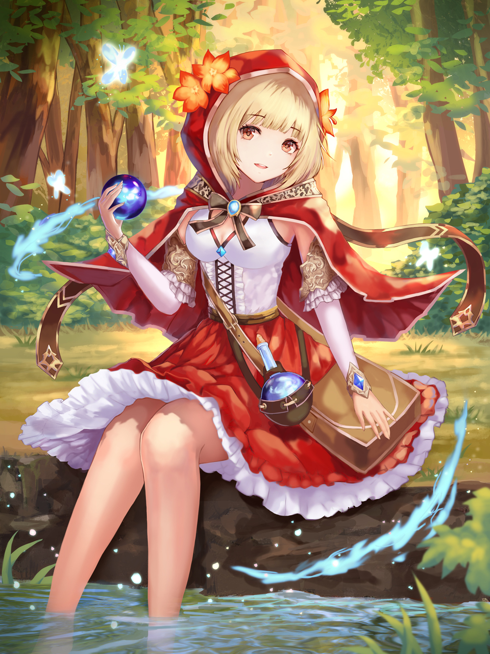 1girl armpit_crease bag bangs blonde_hair blunt_bangs bracelet breasts brooch bug bush butterfly cape cleavage crystal_ball day detached_sleeves dew_(7302235) eyebrows_visible_through_hair flower forest frilled_skirt frills hair_flower hair_ornament head_tilt highres hooded_cape impossible_clothes impossible_shirt insect jewelry light_particles looking_at_viewer medium_breasts nature open_mouth original outdoors parted_lips petticoat red_cape red_eyes red_hood red_skirt round-bottom_flask sapphire_(stone) satchel shirt short_hair sitting skirt sleeveless sleeveless_shirt soaking_feet solo sunlight upper_teeth water white_shirt