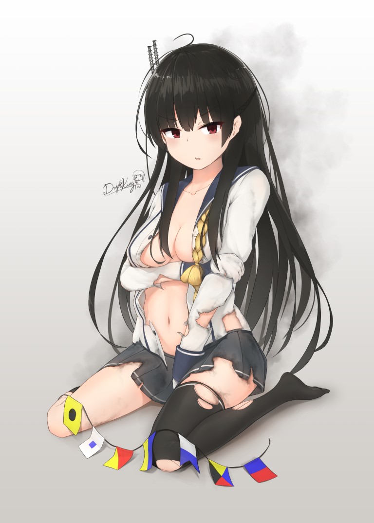 1girl asymmetrical_legwear black_hair breasts cleavage damaged driftkingtw flag gloves hair_ribbon isokaze_(kantai_collection) kantai_collection long_hair long_sleeves looking_at_viewer medium_breasts pleated_skirt red_eyes ribbon school_uniform serafuku signature single_thighhigh skirt solo thigh-highs torn_clothes tress_ribbon white_gloves