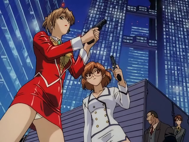 2boys 2girls 90s agent_aika aida_rion brown_eyes brown_hair city from_below gun handgun holding holding_gun holding_weapon long_sleeves multiple_boys multiple_girls night official_art outdoors panties panty_peek pencil_skirt rimless_eyewear round_eyewear short_hair side_slit skirt sumeragi_aika two-handed underwear weapon white_panties yamauchi_noriyasu