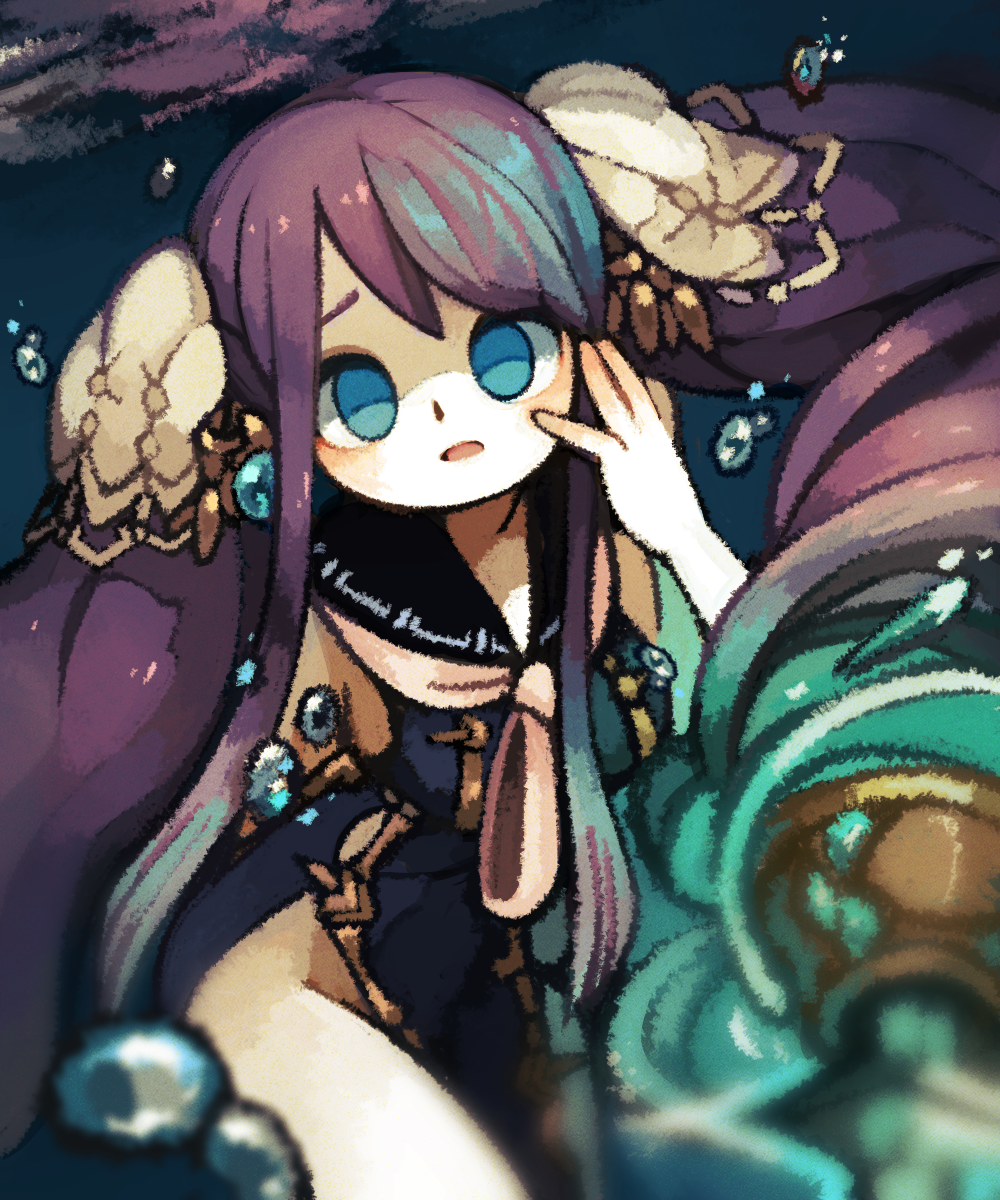 1girl bangs black_sailor_collar blue_dress blue_eyes blue_hair breasts bubble dress empty_eyes hair_ornament hand_up highres long_hair looking_at_viewer medium_breasts multicolored_hair ningyo_hime_(sinoalice) no_panties no_pupils open_mouth pale_skin purple_hair sailor_collar sailor_dress side_slit sidelocks sinoalice solo twintails yukino_super