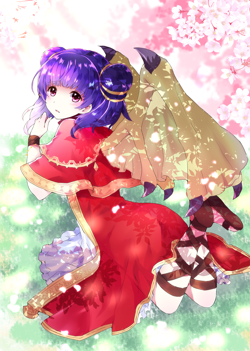 1girl blush capelet cherry_blossoms commentary commission double_bun dress english_commentary fire_emblem fire_emblem:_seima_no_kouseki highres looking_at_viewer looking_back lying myrrh on_stomach parted_lips peachpii petals pink_eyes purple_hair red_capelet red_dress solo twintails wings wristband