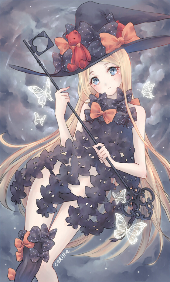 1girl abigail_williams_(fate/grand_order) black_bow black_hat black_legwear black_panties blonde_hair blue_eyes blush bow breasts bug butterfly cerithe fate/grand_order fate_(series) hat insect key long_hair looking_at_viewer orange_bow oversized_object panties polka_dot polka_dot_bow single_thighhigh solo thigh-highs underwear very_long_hair witch_hat