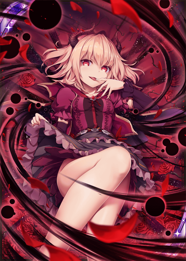 1girl akkijin bed blonde_hair breasts card_(medium) darkness demon_girl demon_horns dress flower horns looking_at_viewer official_art on_bed orb pink_dress red_eyes red_flower red_rose rose shinkai_no_valkyrie skirt skirt_lift small_breasts solo tongue tongue_out