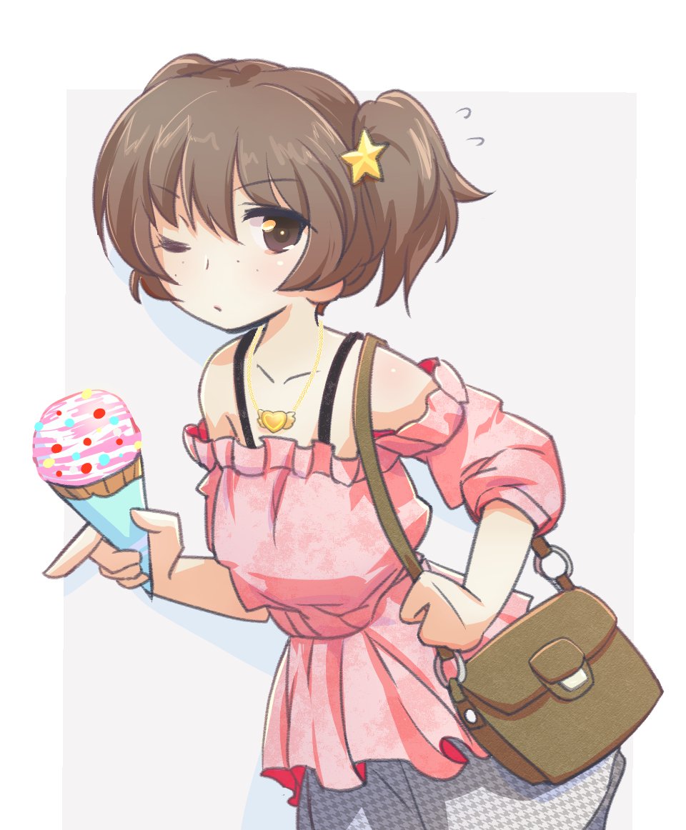 1girl alisa_(girls_und_panzer) bag bangs brown_eyes brown_hair carrying casual closed_mouth commentary_request cowboy_shot eyebrows_visible_through_hair flying_sweatdrops food freckles girls_und_panzer grey_background grey_skirt hair_ornament handbag heart heart_necklace holding holding_food ice_cream_cone jewelry light_frown looking_at_viewer moro_(like_the_gale!) necklace off-shoulder_shirt outside_border pink_shirt print_skirt shirt short_hair short_twintails skirt solo standing star star_hair_ornament twintails