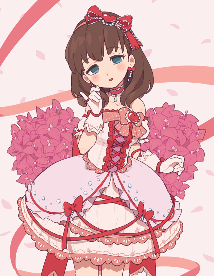 1girl bangs blue_eyes blush_stickers bow brown_hair bubble_skirt choker commentary_request cowboy_shot dress earrings eyebrows_visible_through_hair flower flower_request frilled_choker frilled_dress frills gloves gomi_(kaiwaresan44) hair_ornament hair_ribbon head_tilt heart heart_hair_ornament idol idolmaster idolmaster_cinderella_girls jewelry medium_hair open_mouth petals petticoat pink_bow pink_dress pinky_out polka_dot polka_dot_bow red_choker red_ribbon ribbon sakuma_mayu skirt smile solo strapless strapless_dress white_gloves