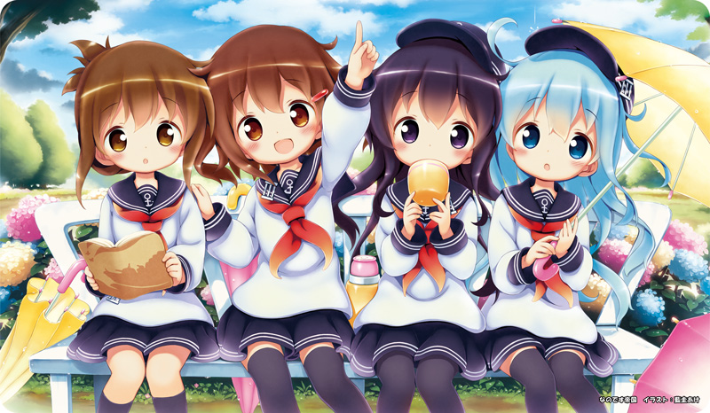 4girls :d :o aikei_ake akatsuki_(kantai_collection) anchor_symbol arm_up bangs bench black_hat black_legwear black_sailor_collar black_skirt blue_eyes blue_flower blue_hair blue_sky blush brown_eyes brown_hair closed_umbrella clouds commentary_request covered_mouth day drinking eyebrows_visible_through_hair flat_cap flower folded_ponytail hair_between_eyes hat head_tilt hibiki_(kantai_collection) holding holding_umbrella ikazuchi_(kantai_collection) inazuma_(kantai_collection) index_finger_raised kantai_collection kneehighs long_hair long_sleeves multiple_girls neckerchief on_bench open_mouth outdoors outstretched_arm pantyhose parted_lips pink_flower pink_umbrella pleated_skirt purple_hair red_neckwear sailor_collar school_uniform serafuku shirt sitting skirt sky smile thermos thigh-highs umbrella very_long_hair violet_eyes white_shirt yellow_flower yellow_umbrella