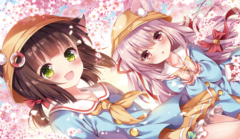 2girls :d :o animal_ears azur_lane bangs bell blue_shirt blue_sky blush bow bowtie brown_hair cat_ears cat_girl cat_tail commentary_request day dutch_angle ears_through_headwear eyebrows_visible_through_hair fang flower green_eyes hair_between_eyes hair_bow hair_ribbon hands_up hat jingle_bell kindergarten_uniform kisaragi_(azur_lane) long_hair long_sleeves looking_at_viewer low_twintails multiple_girls mutsuki_(azur_lane) neckerchief nogi_takayoshi one_side_up open_mouth outdoors parted_lips pink_flower pink_hair pleated_skirt red_bow red_eyes red_ribbon ribbon school_hat shirt short_twintails skirt sky smile tail tail_bell tail_bow twintails very_long_hair yellow_hat yellow_neckwear yellow_skirt