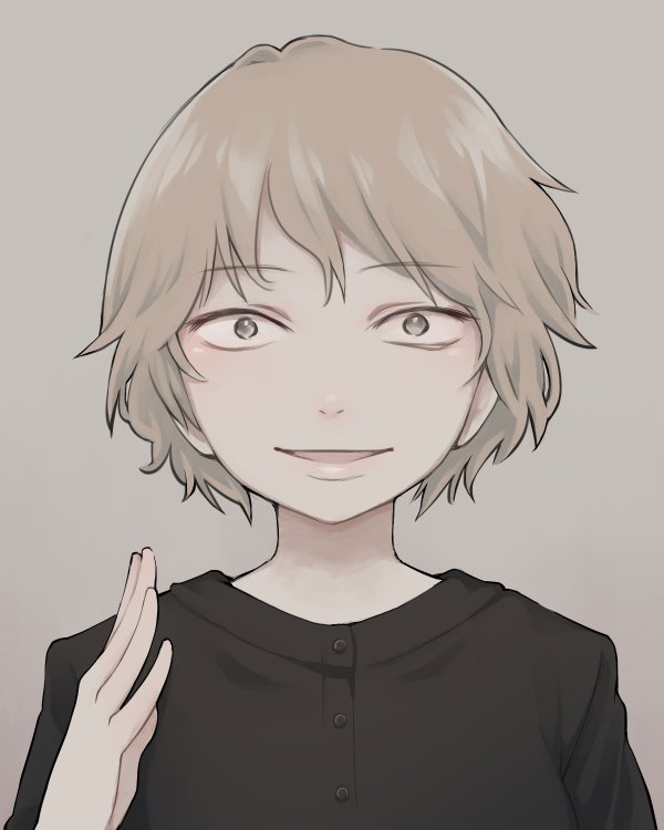 :d black_shirt blonde_hair commentary_request eyebrows_visible_through_hair grey_background hand_up looking_at_viewer open_mouth original sanpaku shirt simple_background smile solo wide-eyed yajirushi_(chanoma)