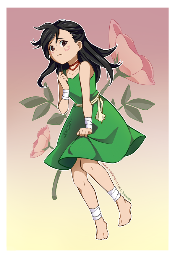 1girl alternate_hairstyle artist_name black_hair bletisan blush brown_eyes choker clenched_hand dororo_(character) dororo_(tezuka) dress flat_chest flower full_body gradient gradient_background green_dress hand_up long_hair looking_at_viewer red_background red_choker skirt skirt_hold sleeveless sleeveless_dress solo standing watermark web_address yellow_background