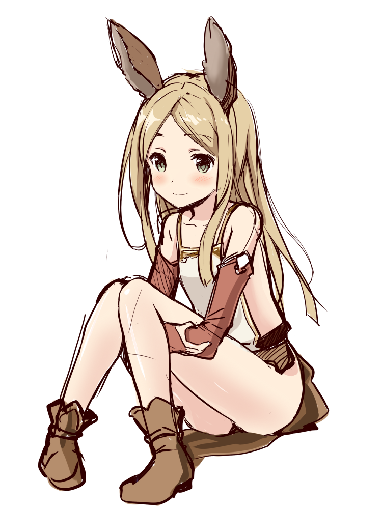 1girl animal_ears backless_outfit bangs bare_legs belt blonde_hair blush boots bridal_gauntlets collarbone elbow_gloves erun_girl erune eyebrows_visible_through_hair flat_chest gloves granblue_fantasy green_eyes knees_together_feet_apart knees_up leg_hug long_hair looking_at_viewer parted_bangs side_slit simple_background smile solo souryuu white_background