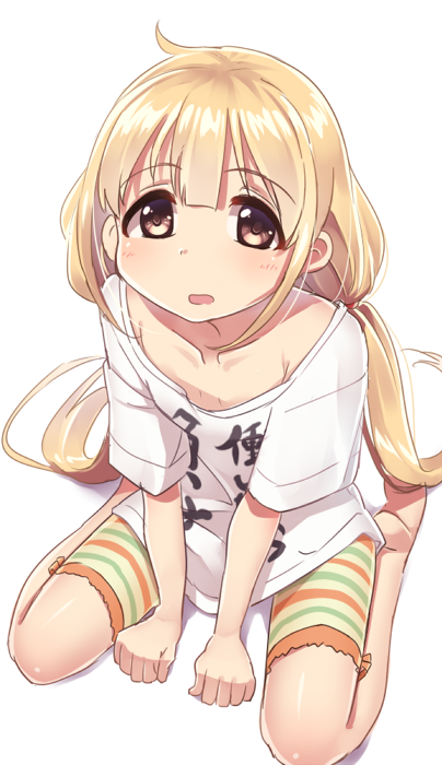 1girl bangs bare_arms bare_legs barefoot between_legs blonde_hair brown_eyes clothes_writing collarbone flat_chest futaba_anzu hair_between_eyes hand_between_legs horizontal_stripes idolmaster idolmaster_cinderella_girls legs_apart long_hair looking_at_viewer low_twintails multicolored multicolored_clothes multicolored_shorts open_mouth oversized_clothes oversized_shirt shirt short_sleeves shorts simple_background sitting solo striped striped_shorts t-shirt tareme twintails very_long_hair wagashi928 wariza white_background white_shirt you_work_you_lose