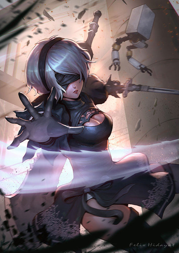 1girl black_dress black_hairband blindfold boots cleavage_cutout covered_eyes debris dress feather-trimmed_sleeves hairband high_heel_boots high_heels holding holding_sword holding_weapon juliet_sleeves leotard long_sleeves mole mole_under_mouth nekomancerz nier_(series) nier_automata outstretched_arm outstretched_hand pink_lips pod_(nier_automata) puffy_sleeves reaching_out ribbed_dress silver_hair skirt skirt_lift slashing sword thigh-highs thigh_boots thighhighs_under_boots thighs vambraces weapon white_leotard yorha_no._2_type_b