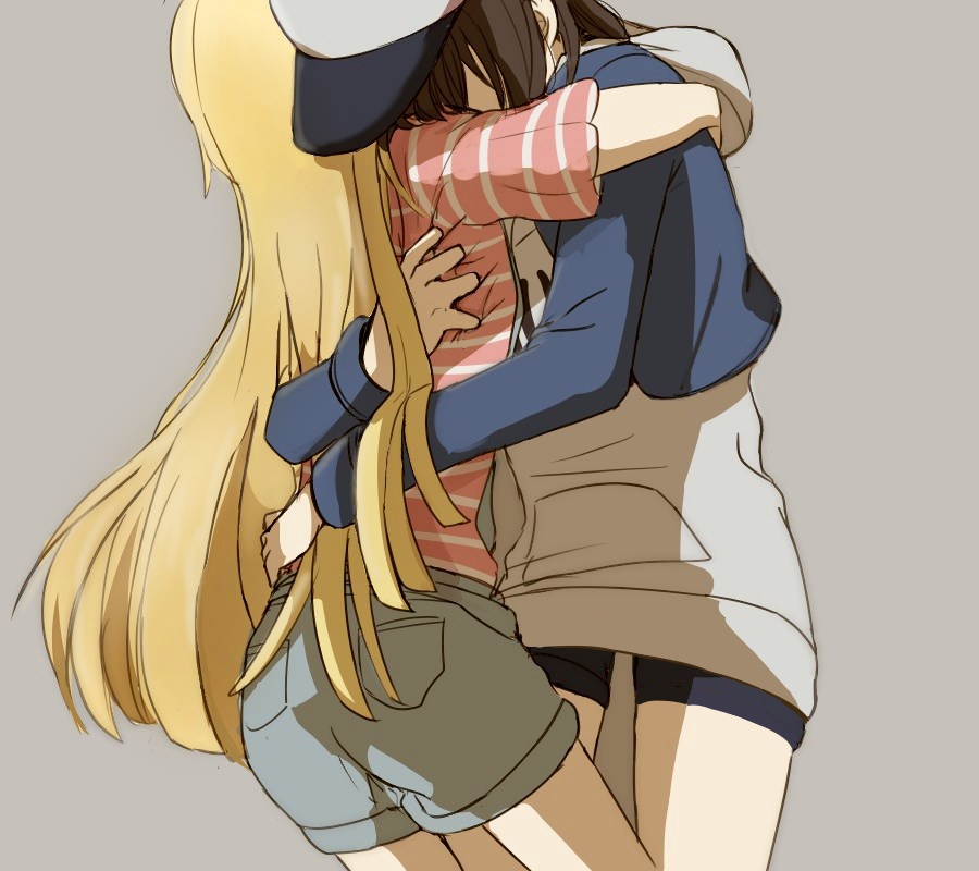 2girls akino_kabocha bang_dream! baseball_cap bike_shorts black_hair blonde_hair blue_jacket denim denim_shorts grey_background grey_hoodie hair_over_eyes hat hood hood_down hoodie jacket long_hair long_sleeves medium_hair multiple_girls okusawa_misaki red_eyes shirt shirt_grab short_sleeves shorts simple_background striped striped_shirt tsurumaki_kokoro very_long_hair