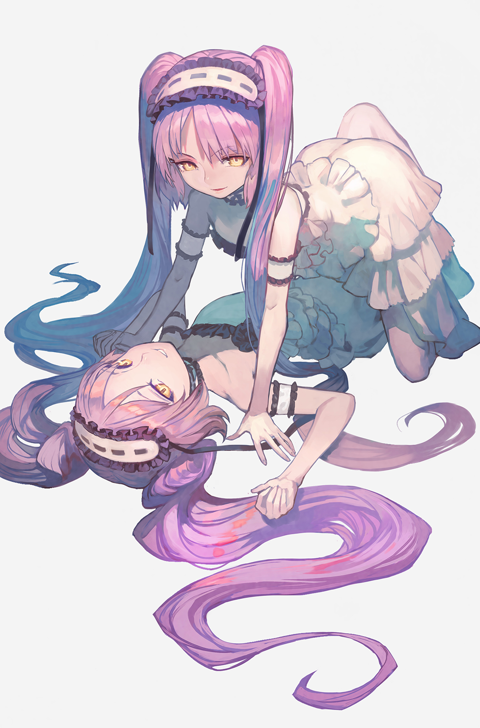 2girls all_fours arm_garter bangs breasts commentary detached_collar dress english_commentary euryale fate/hollow_ataraxia fate_(series) frilled_dress frilled_hairband frills grey_background hair_spread_out hairband highres lack long_hair looking_at_viewer lying multiple_girls on_back pink_hair siblings simple_background sisters small_breasts smile stheno twins twintails very_long_hair white_dress yellow_eyes