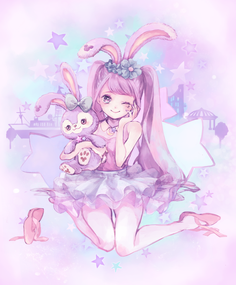 1girl ;) animal_ears ballet_slippers blush cia0_cia disney dress flower full_body hair_flower hair_ornament hand_up holding holding_stuffed_animal jewelry kneeling long_hair moon_pendant one_eye_closed pendant personification pink_slippers purple purple_dress rabbit_ears slippers_removed smile star stellalou stuffed_animal stuffed_bunny stuffed_toy tutu twintails violet_eyes