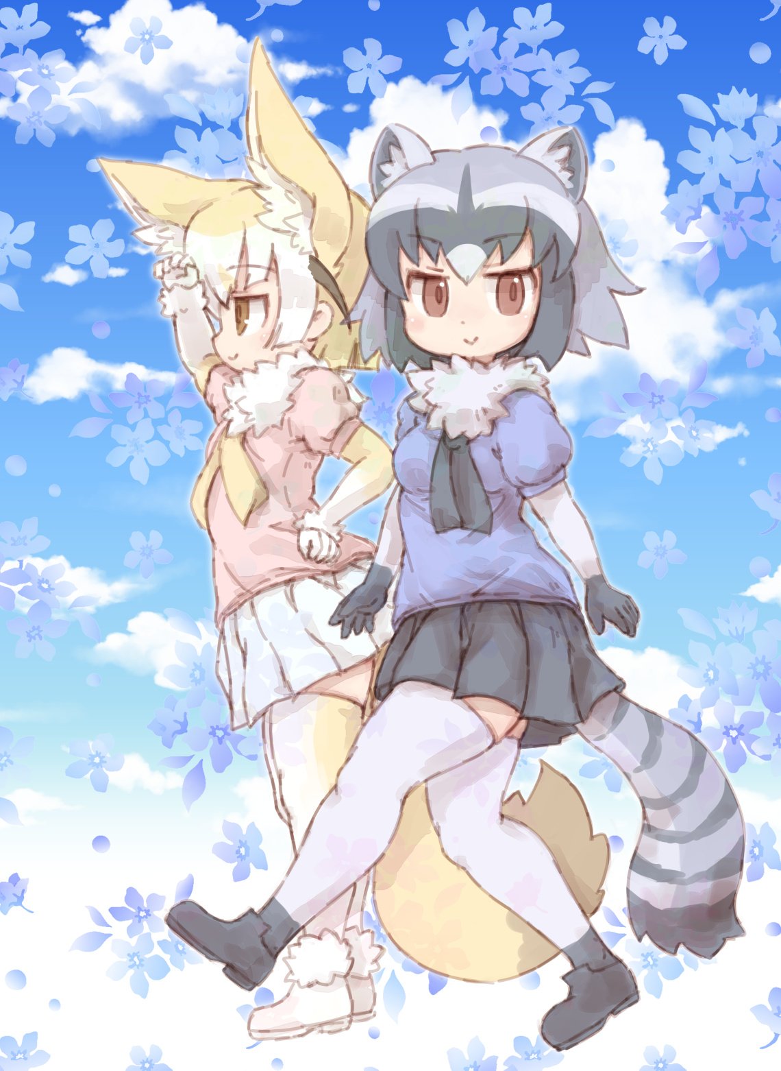 2girls :&gt; alternate_legwear animal_ears bangs black_gloves black_hair black_legwear black_skirt blonde_hair blue_shirt blue_sky blush breasts closed_mouth clouds common_raccoon_(kemono_friends) day eyebrows eyebrows_visible_through_hair fennec_(kemono_friends) flower fox_ears fox_girl fox_tail from_side fur_collar gloves grey_gloves grey_hair grey_legwear hand_on_hip hand_up highres kemono_friends kolshica medium_breasts miniskirt multicolored multicolored_clothes multicolored_gloves multicolored_hair multicolored_legwear multiple_girls pink_shirt pleated_skirt puffy_short_sleeves puffy_sleeves raccoon_ears raccoon_tail shading_eyes shirt short_hair short_sleeves sideways_mouth skirt sky smile standing striped_tail tail thigh-highs two-tone_gloves two-tone_legwear walking white_gloves white_hair white_skirt yellow_gloves yellow_legwear zettai_ryouiki