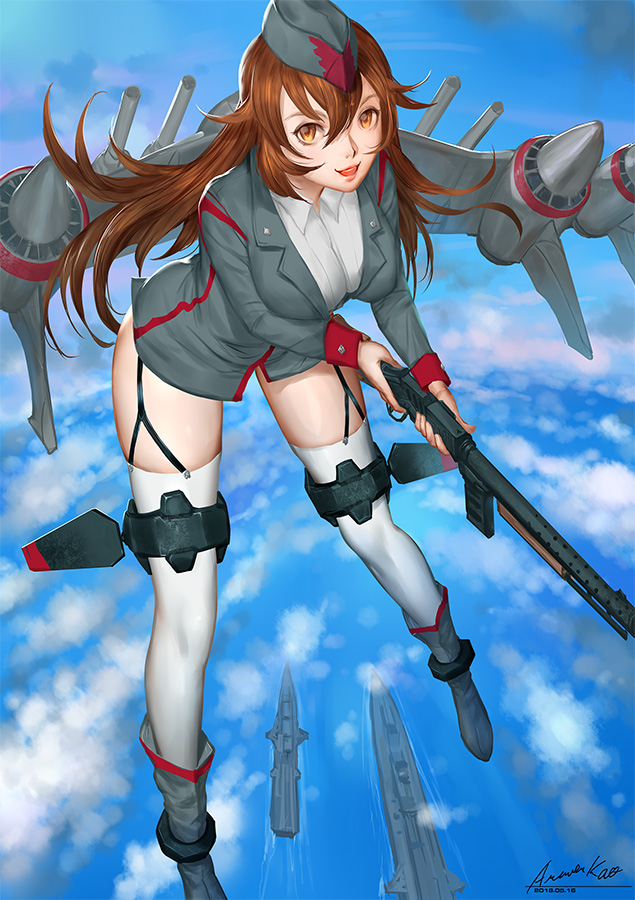 1girl ariverkao breasts brown_eyes brown_hair clouds dated flying garter_straps gun hat large_breasts long_hair looking_at_viewer military military_uniform military_vehicle open_mouth original personification ship signature sky solo thigh-highs uniform warship water watercraft weapon